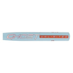 Side view of a light blue fastpitch softball bat with GHOST in large outlined red text and UNLIMITED in solid red letters.