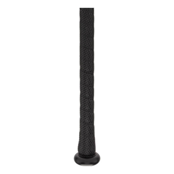 Close-up of a black baseball bat grip with a textured surface and a black end cap.