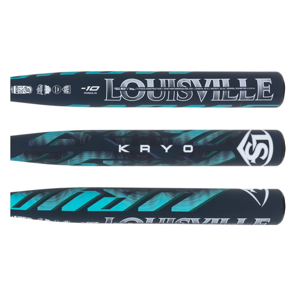 Three horizontal barrel views display navy and teal geometric patterns with prominent "LOUISVILLE," "KRYO," and "-10" markings.