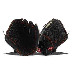 Front view of a black softball glove with brown lacing and a red Rawlings logo.