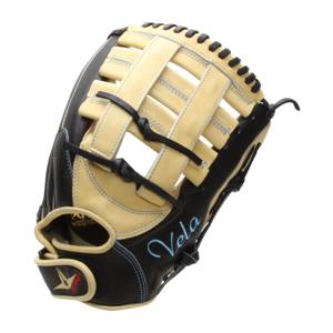 Side view of a black and tan fastpitch glove with a woven web and Vela script.