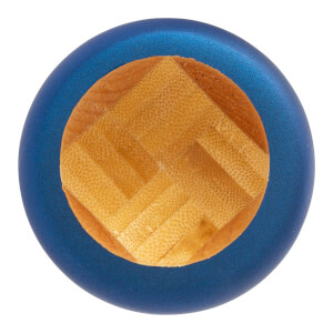 Top-down view of a blue baseball bat end with a woven wood grain pattern.