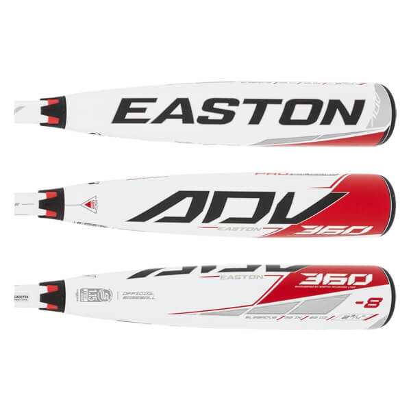 Top-down view of three white baseball bats with red and black accents, showing EASTON, ADV 360, and -8 branding.