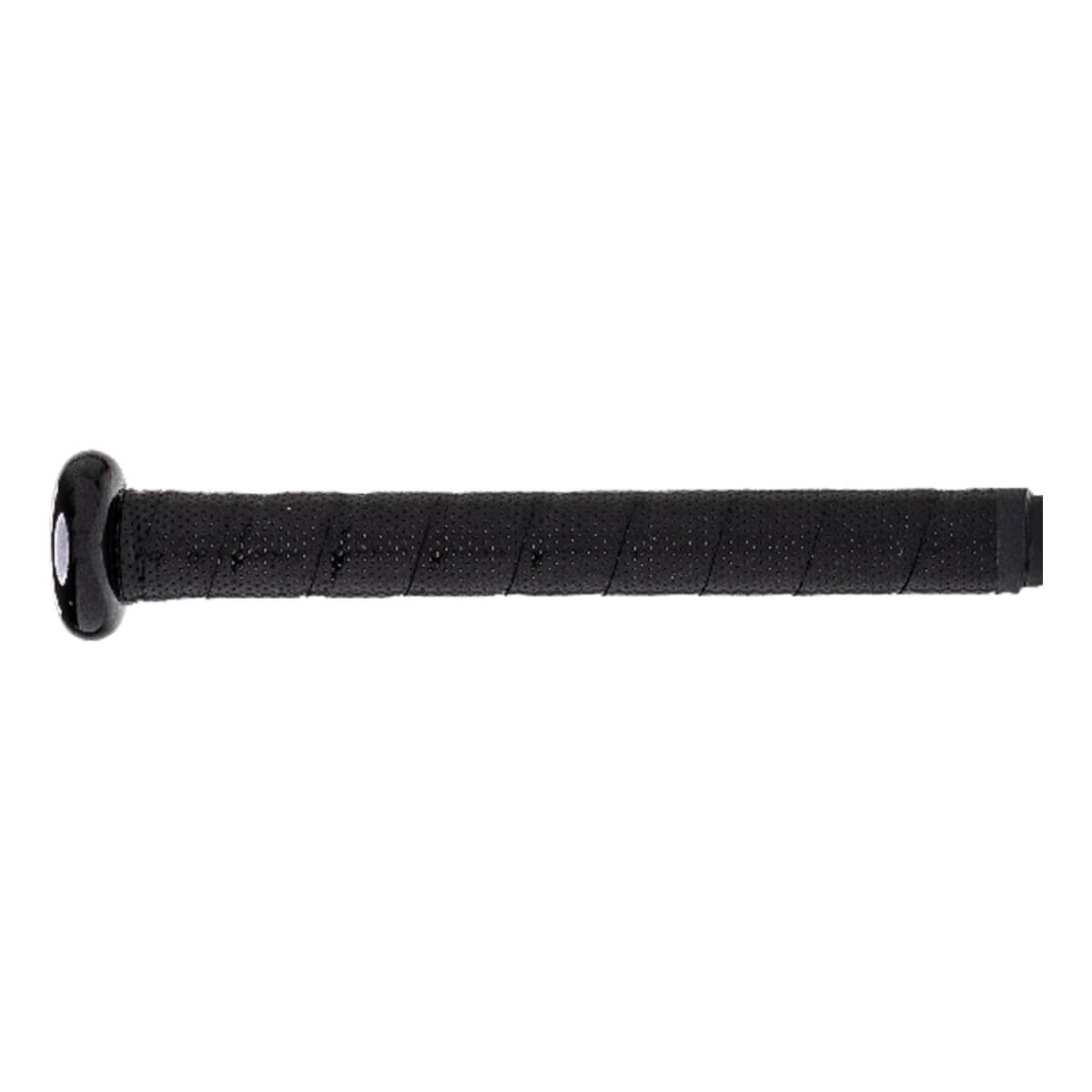 Side view of a black baseball bat with a textured grip and a rounded end cap.
