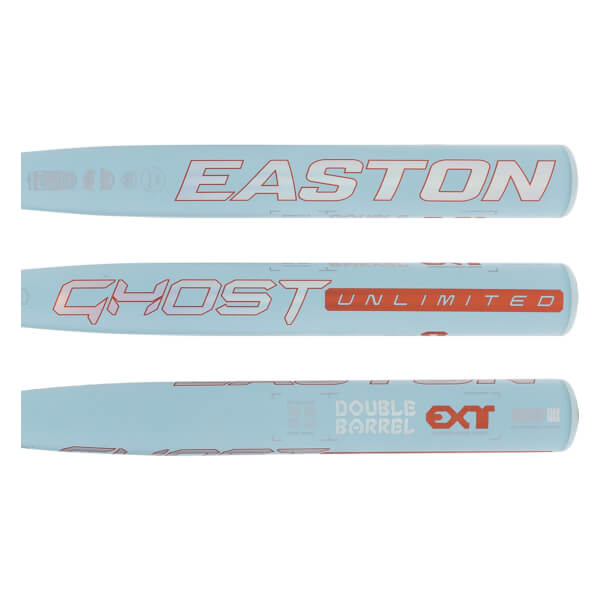 Multiple detail views of a light blue fastpitch softball bat with EASTON, GHOST UNLIMITED, and DOUBLE BARREL EXT text.