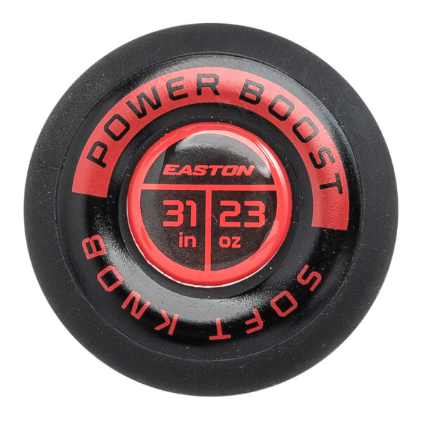 Top-down close-up of a black and red baseball bat knob with POWER BOOST SOFT KNOB text and EASTON 31 in 23 oz details.