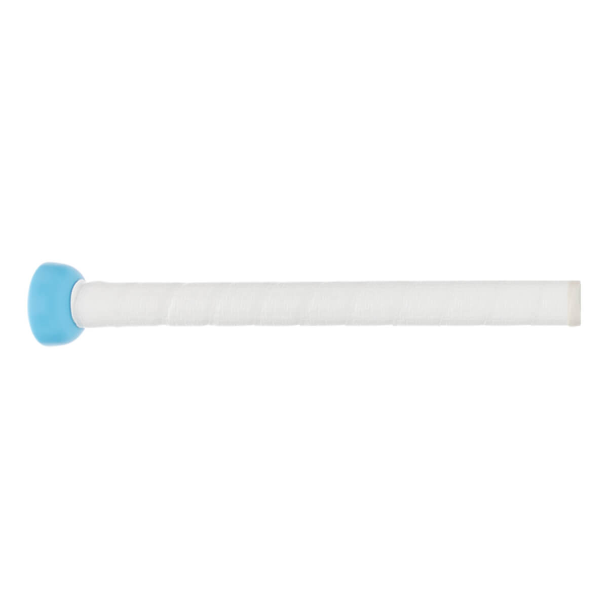 Side view of a white fastpitch softball bat with a light blue knob and white textured handle.