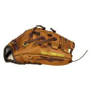 Side view of a tan baseball glove with FIELD COMMANDER text and brown lacing.