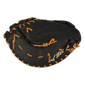 Top-down view of a black first base mitt with tan lacing and white Mizuno branding.