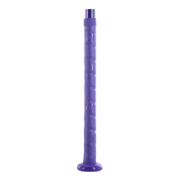 Bottom view of a purple softball bat with a textured grip and a flared knob.