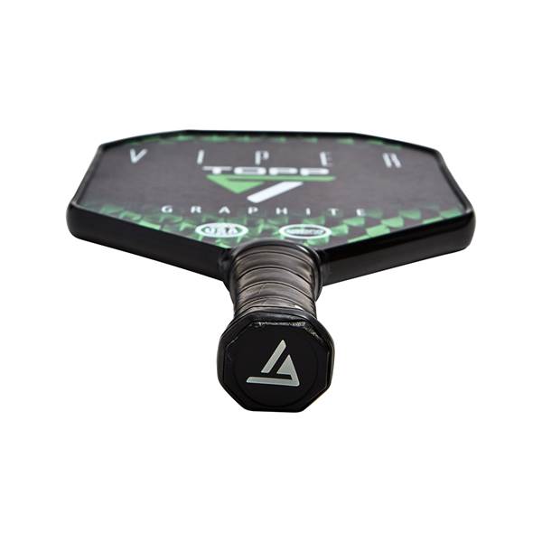 Top-down view of a black pickleball paddle with green checkered pattern and TOPP VIPER GRAPHITE text.