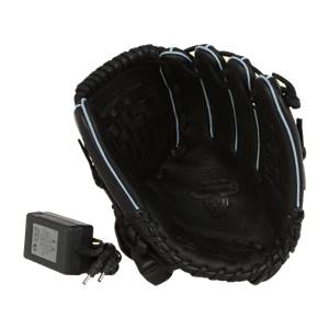 Open view of a black baseball glove with light blue stitching and a black power adapter.