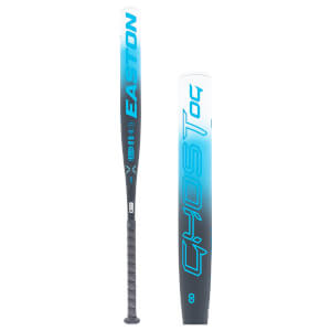 Full-length view of a white, blue, and gray fastpitch softball bat with EASTON and GHOST OG branding and a black grip.