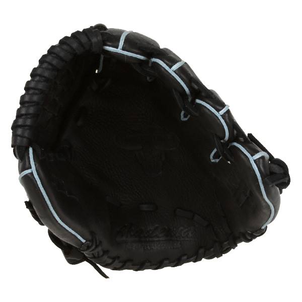 Top-down view of a black baseball glove with light blue lacing and Akadema embossed on the palm.