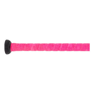 Side view of a pink baseball bat grip with a repeating pattern and a black end cap.