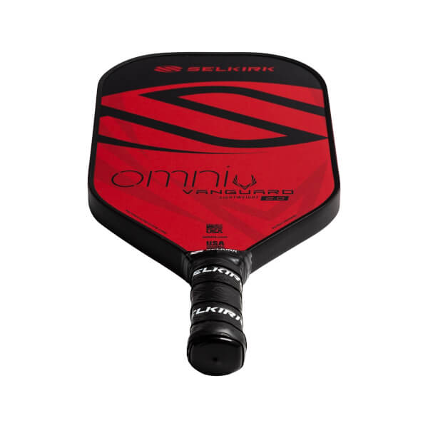 Top-down view of a red and black pickleball paddle with Selkirk and Omni branding.