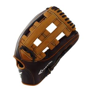 Top-down view of a brown baseball glove with tan webbing and EASTON branding.