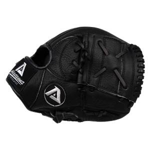 Side view of a black baseball glove with Akadema text and a circular logo.