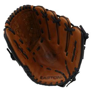 Top-down view of a brown baseball glove with black lacing and EASTON branding.