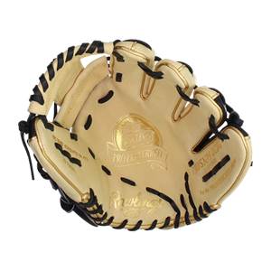 Top-down view of a tan baseball glove with gold accents, black lacing, and Rawlings Pro Preferred branding.