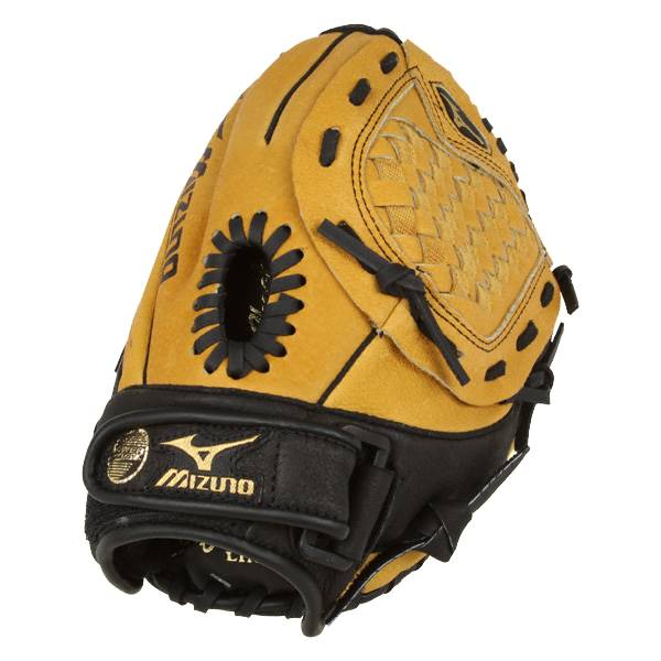 Side view of a tan baseball glove with black lacing and a gold Mizuno logo.