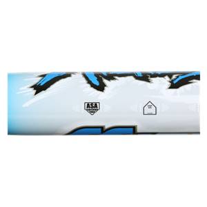 Side view of a white fastpitch softball bat with blue and black graphics, ASA Certified 2004 logo, and ISP 2004 logo.
