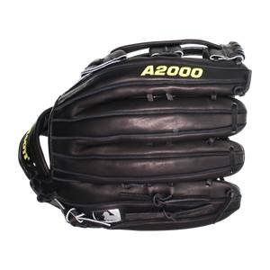 Front view of a black baseball glove with yellow A2000 branding and MLB logo.