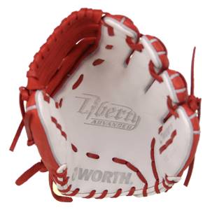 Interior view of a red and white baseball glove with Liberty ADVANCED and WORTH branding.