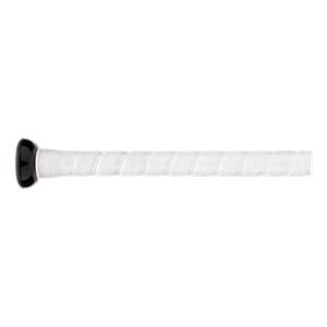 Side view of a black baseball bat with a white textured grip.
