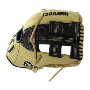 Side view of a tan baseball glove with black lacing and marucci text.