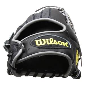 Front view of a black baseball glove with yellow Wilson branding and grey piping.