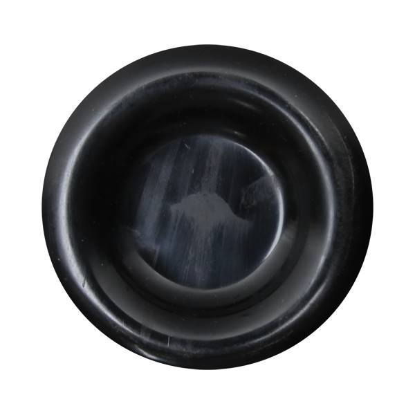 Top-down view of a black baseball bat end cap with concentric rings.
