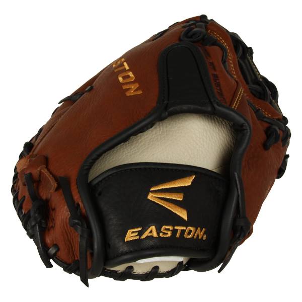 Corner view of a brown baseball mitt with black trim and EASTON branding.