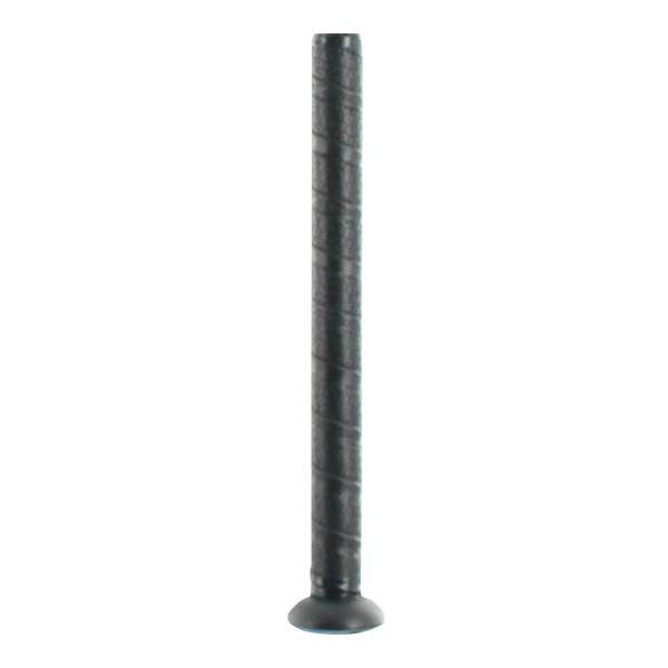 Side view of a black baseball bat with a textured grip and a blue end cap.