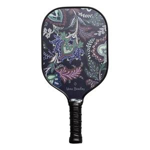 Front view of a black pickleball paddle with a floral paisley pattern and Vera Bradley text.