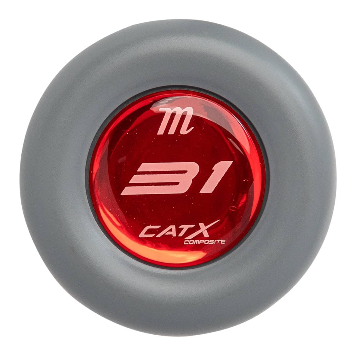Top-down view of a gray baseball bat end cap with a red insert showing m, 31, CATX, and COMPOSITE.