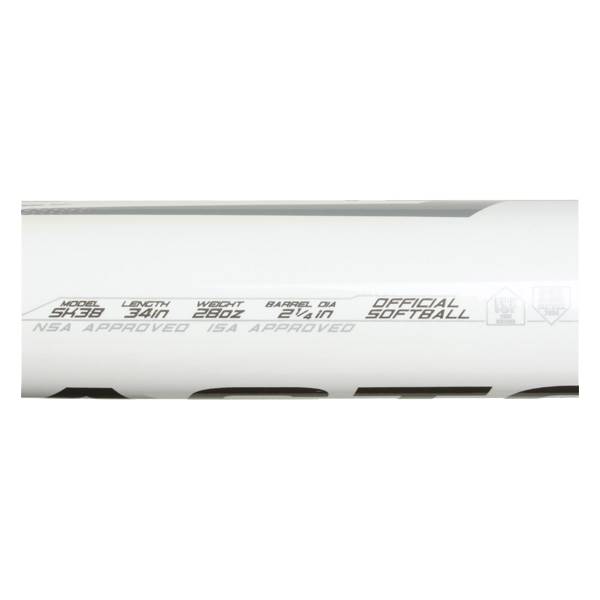 Side view of a white softball bat with model SK38, 34in length, 28oz weight, 2 1/4in barrel dia, and NSA/ISA approved markings.