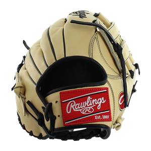 Front view of a tan baseball glove with a red Rawlings logo patch and black lacing.