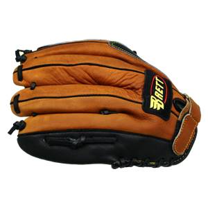 Side view of a brown baseball glove with black accents and a BRETT logo.