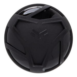 Top-down view of a black baseball bat end cap with a geometric design and embossed logo.