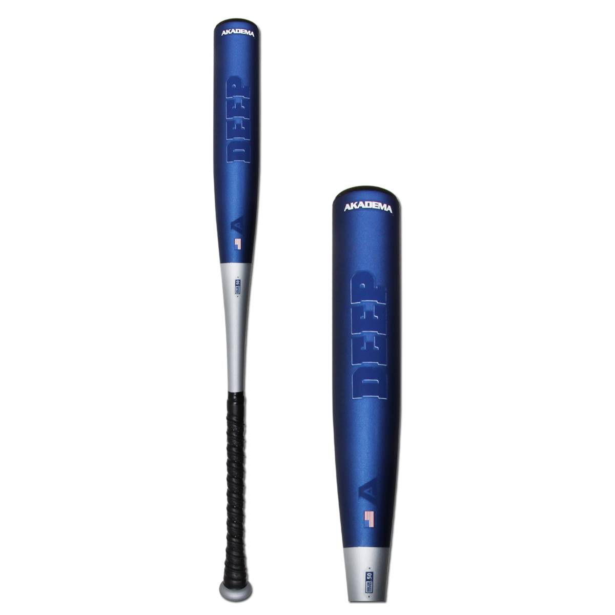 Side view of a blue baseball bat with DEEP and AKADEMA text and a silver handle.