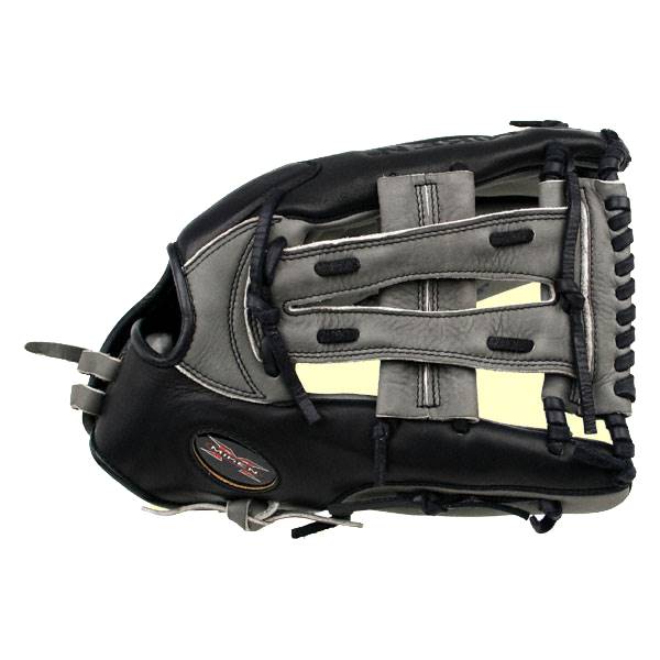 Side view of a black and gray baseball glove with Miken branding and a webbed palm.