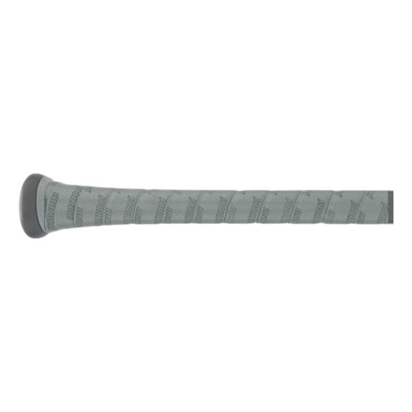 Side view of a gray baseball bat with a textured grip and visible Marucci branding.