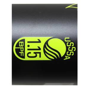 Close-up of a black baseball bat with a neon green BPF 1.15 USSSA logo.