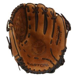 Top-down view of a brown Easton youth baseball glove with EASTON logo and NE11Y text.