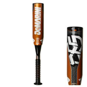 Front view of an orange DeMarini CF5 Insane softball bat with black grip and certification logos.