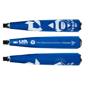 Full view of a blue baseball bat with white The GOODS branding, a large -10 graphic, and USA BASEBALL logo.