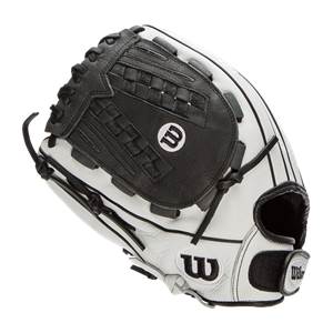 Side view of a white and black softball glove with a woven web and Wilson branding.
