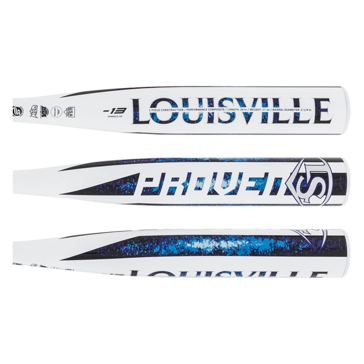 Full graphic view of a white fastpitch softball bat with blue speckled accents and LOUISVILLE PROVEN -13 text.