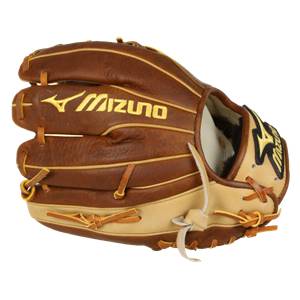 Side view of a brown and tan baseball glove with yellow Mizuno branding and tan lacing.